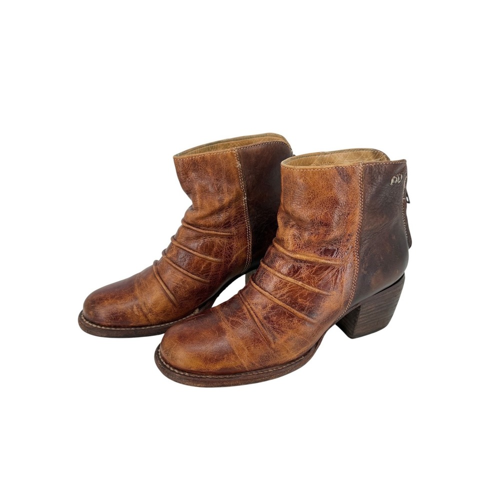 Bed Stu Arcane Brown Leather Ruched Ankle Boots Women 7 Stacked Block Heel